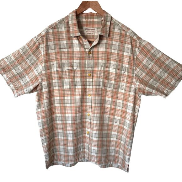 Tommy Bahama Shirt Mens Plaid 100% Silk Size XL Peach Gray Original Fit - Picture 1 of 9